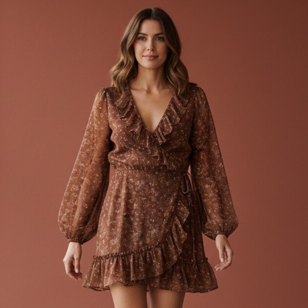 Peach Love California Boho Wrap Dress Metallic Floral Tiered Hem M